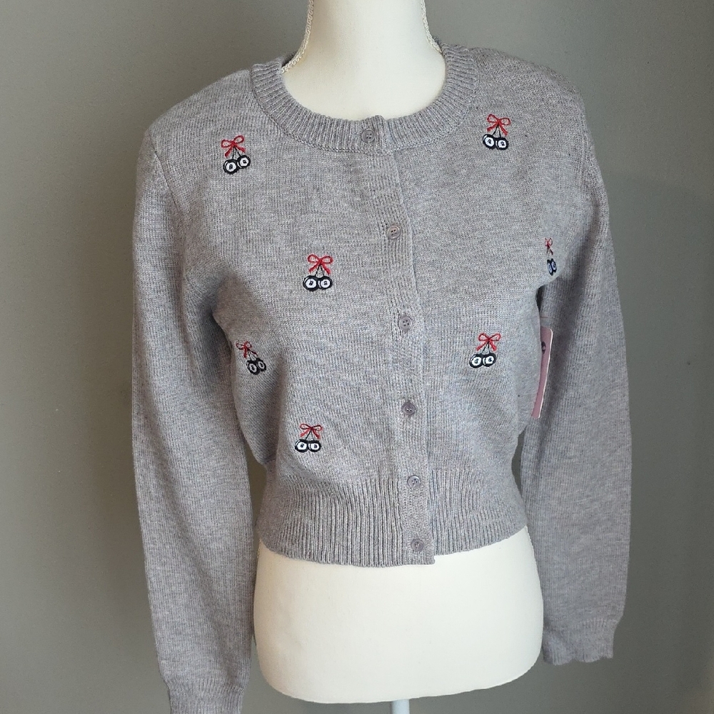 Gray Cardigan with Eight Ball & Bow Embroidery Size Medium Junior's NWT